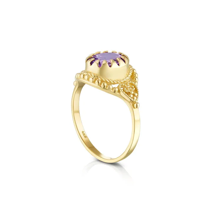 14K Gold Oval Cut, filigree Solitaire ring, gold dainty with Genuine Amethyst Purple Stone gold