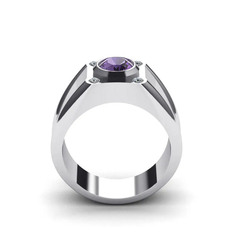 18K Gold High Polished Diamond Men's Ring with 1.70ct Round Purple Amethyst Stone Male Band