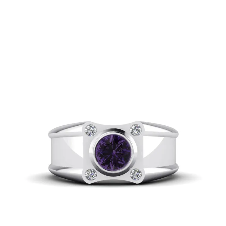 18K Gold High Polished Diamond Men's Ring with 1.70ct Round Purple Amethyst Stone Male Band