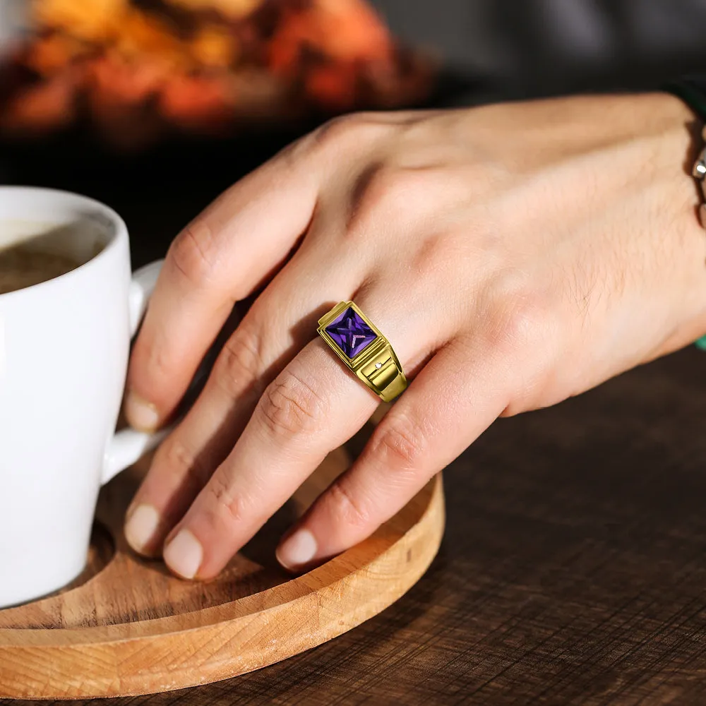 18K Gold Plated on 925 Solid Silver Mens Purple Amethyst Ring 2 Diamond Accents