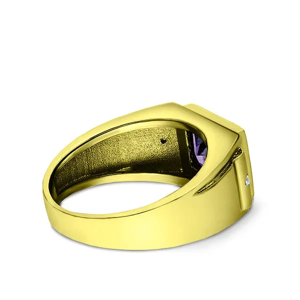 18K Gold Plated on 925 Solid Silver Mens Purple Amethyst Ring 2 Diamond Accents