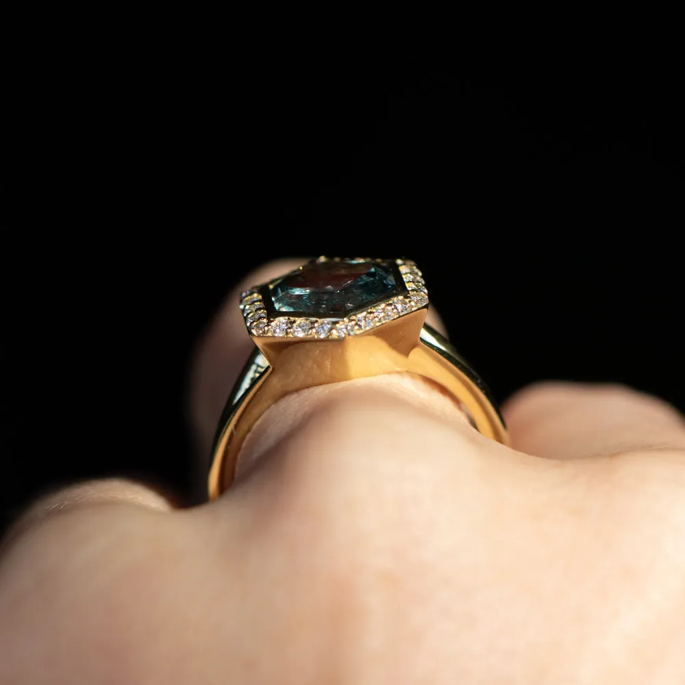 2.70ct Midnight Hexagon Montana Sapphire and Diamond Halo Bezel Set Split Shank Ring In 18k Yellow Gold