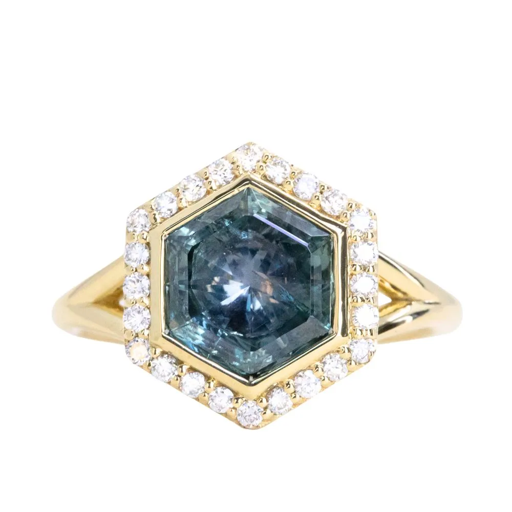 2.70ct Midnight Hexagon Montana Sapphire and Diamond Halo Bezel Set Split Shank Ring In 18k Yellow Gold