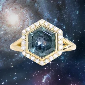 2.70ct Midnight Hexagon Montana Sapphire and Diamond Halo Bezel Set Split Shank Ring In 18k Yellow Gold