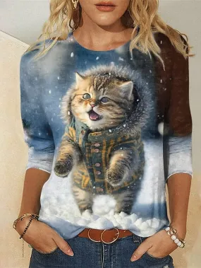 3D Cat Print Women's Long Sleeve T-Shirt for Spring and Fall