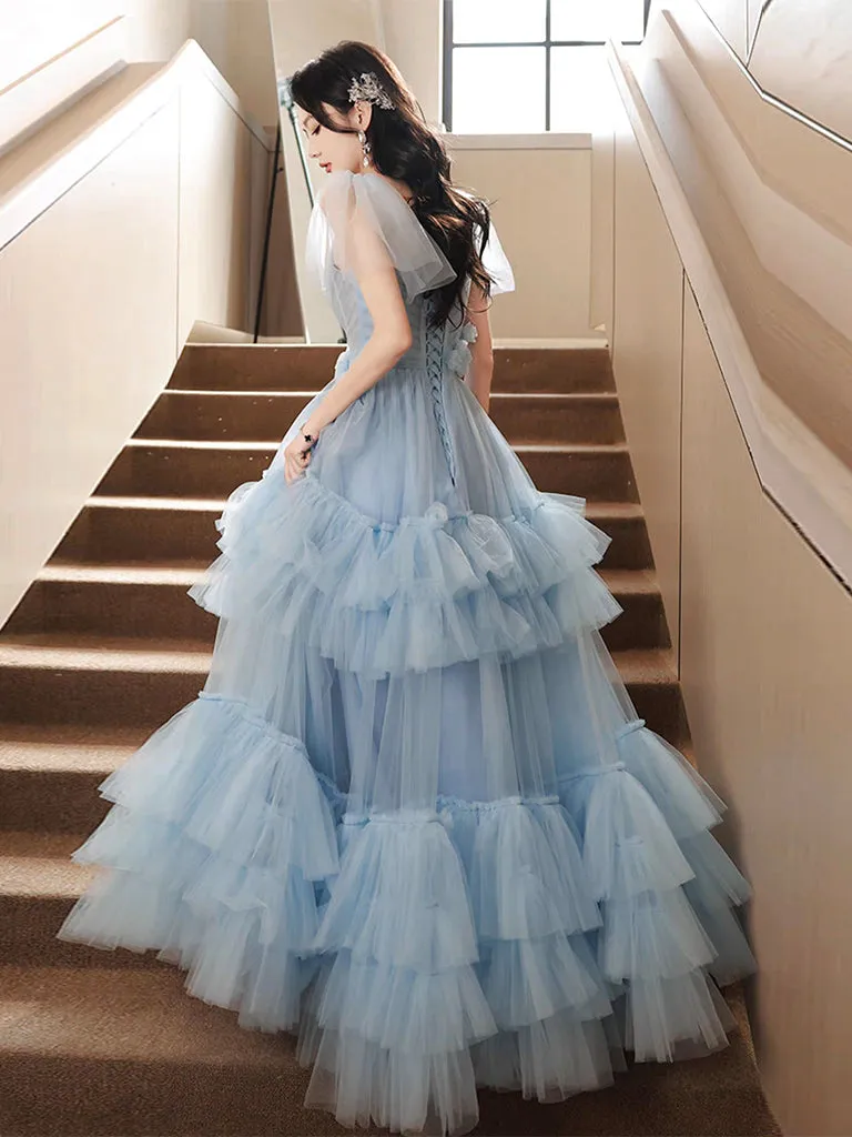 A-Line Tulle Blue Long Prom Dress, Blue Tulle Long Evening Formal Dress