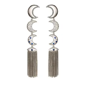 AMMANII Linear Guardian Moon Earrings with Protective in White Rhodium