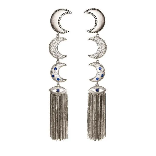 AMMANII Linear Guardian Moon Earrings with Protective in White Rhodium