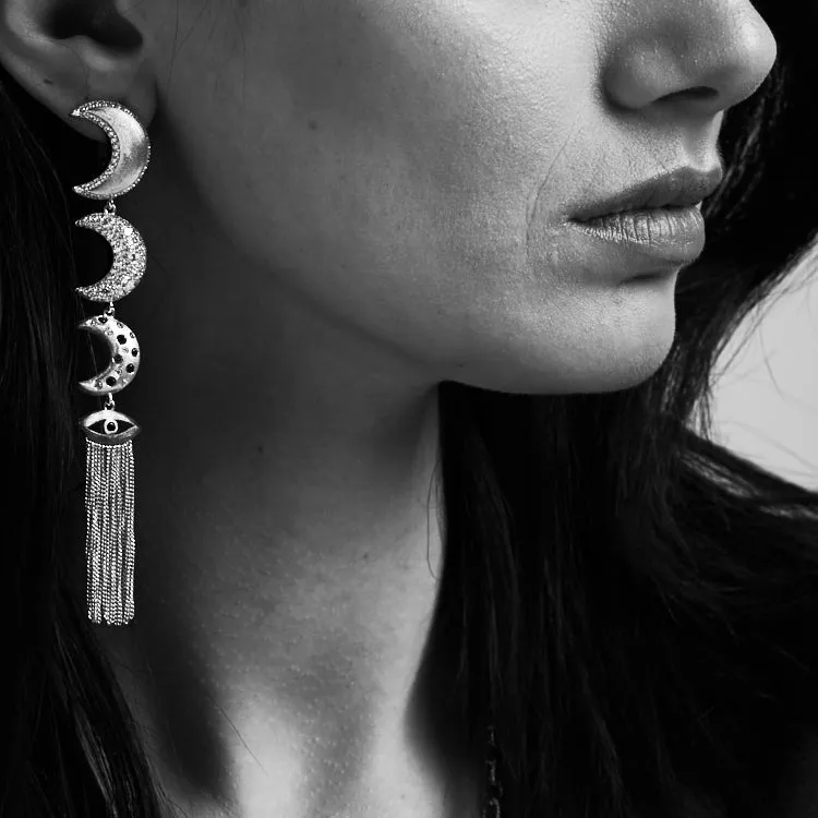 AMMANII Linear Guardian Moon Earrings with Protective in White Rhodium