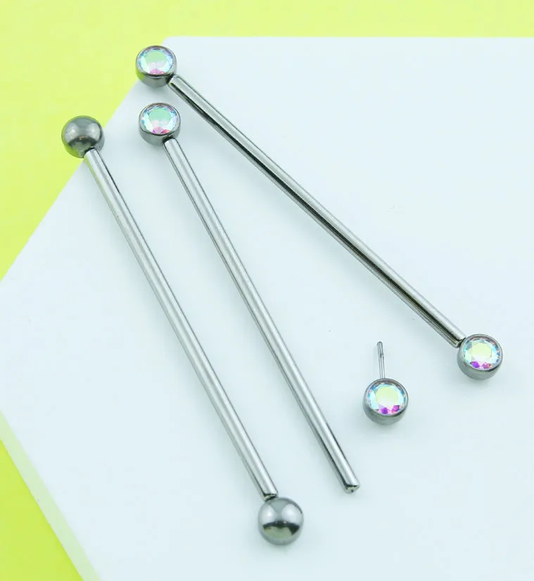 Bezel Rainbow Aurora CZ Threadless Titanium Industrial Barbell