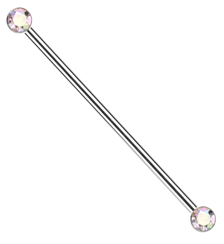 Bezel Rainbow Aurora CZ Threadless Titanium Industrial Barbell