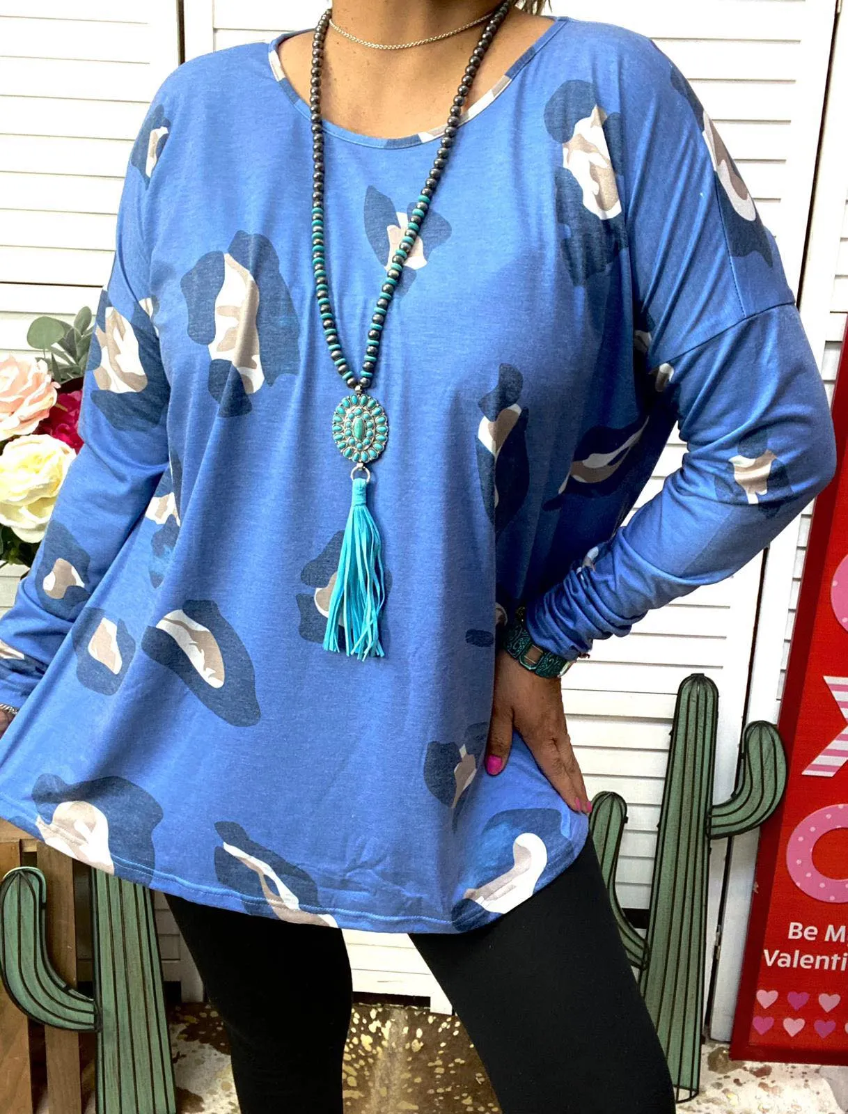 Blue Leopard Dolman sleeve top