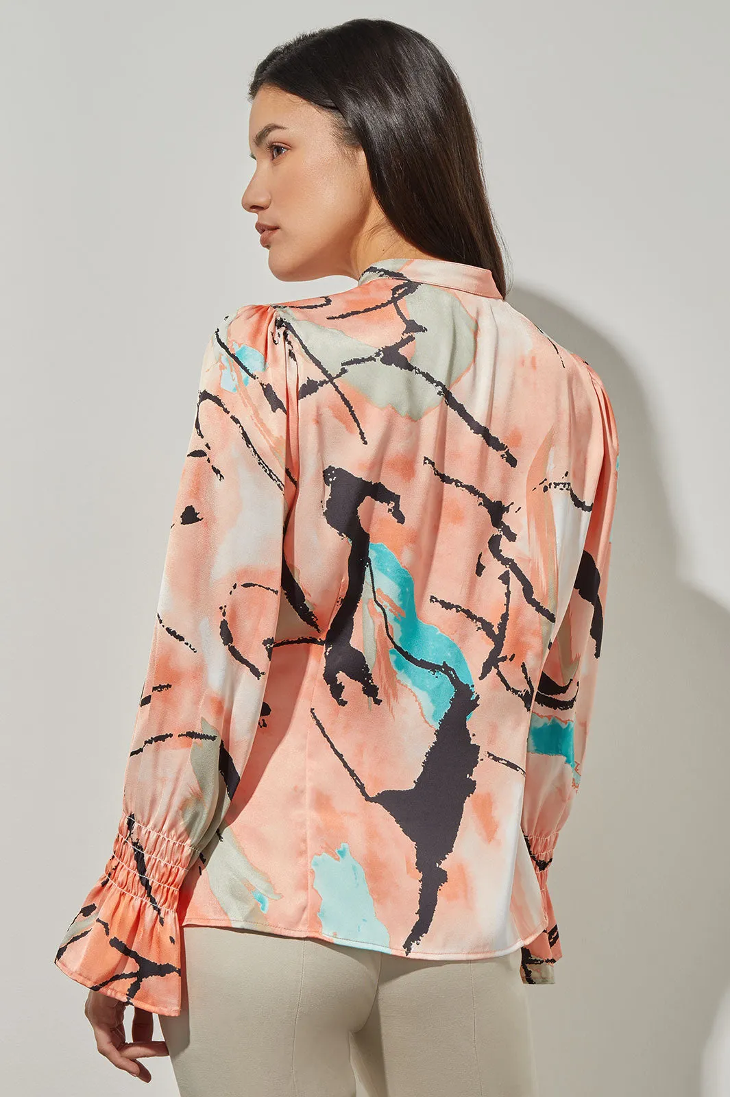 Button-Front Blouse - Poet Sleeve Abstract Woven