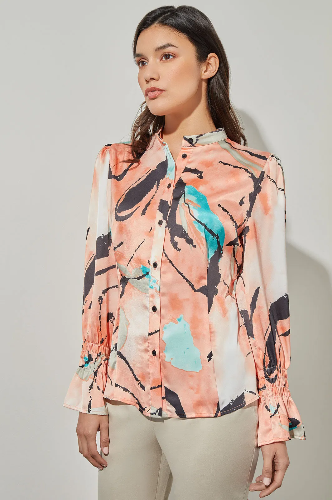 Button-Front Blouse - Poet Sleeve Abstract Woven