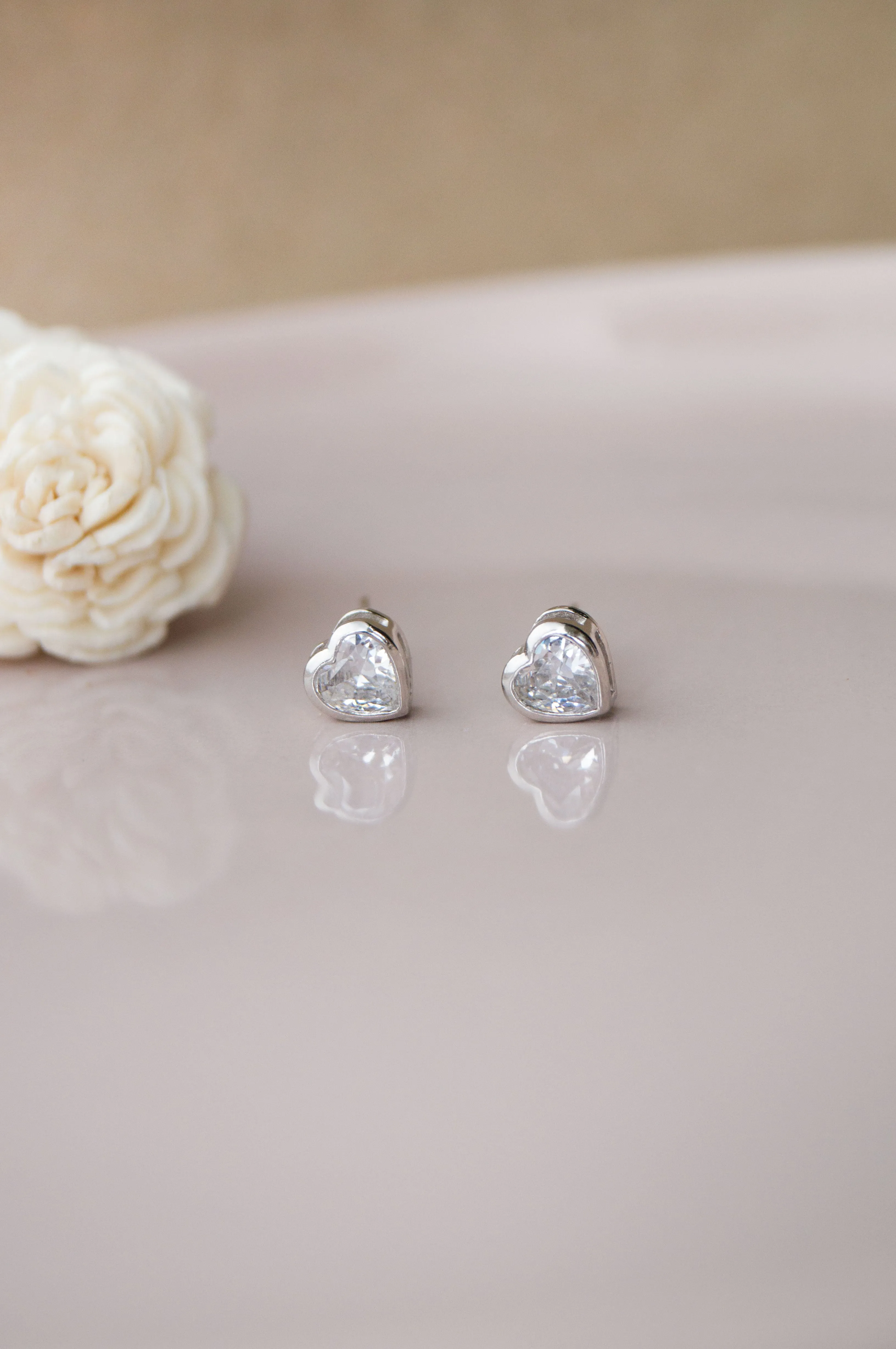 Classic Heart Bezel Solitaire Sterling Silver Stud Earrings