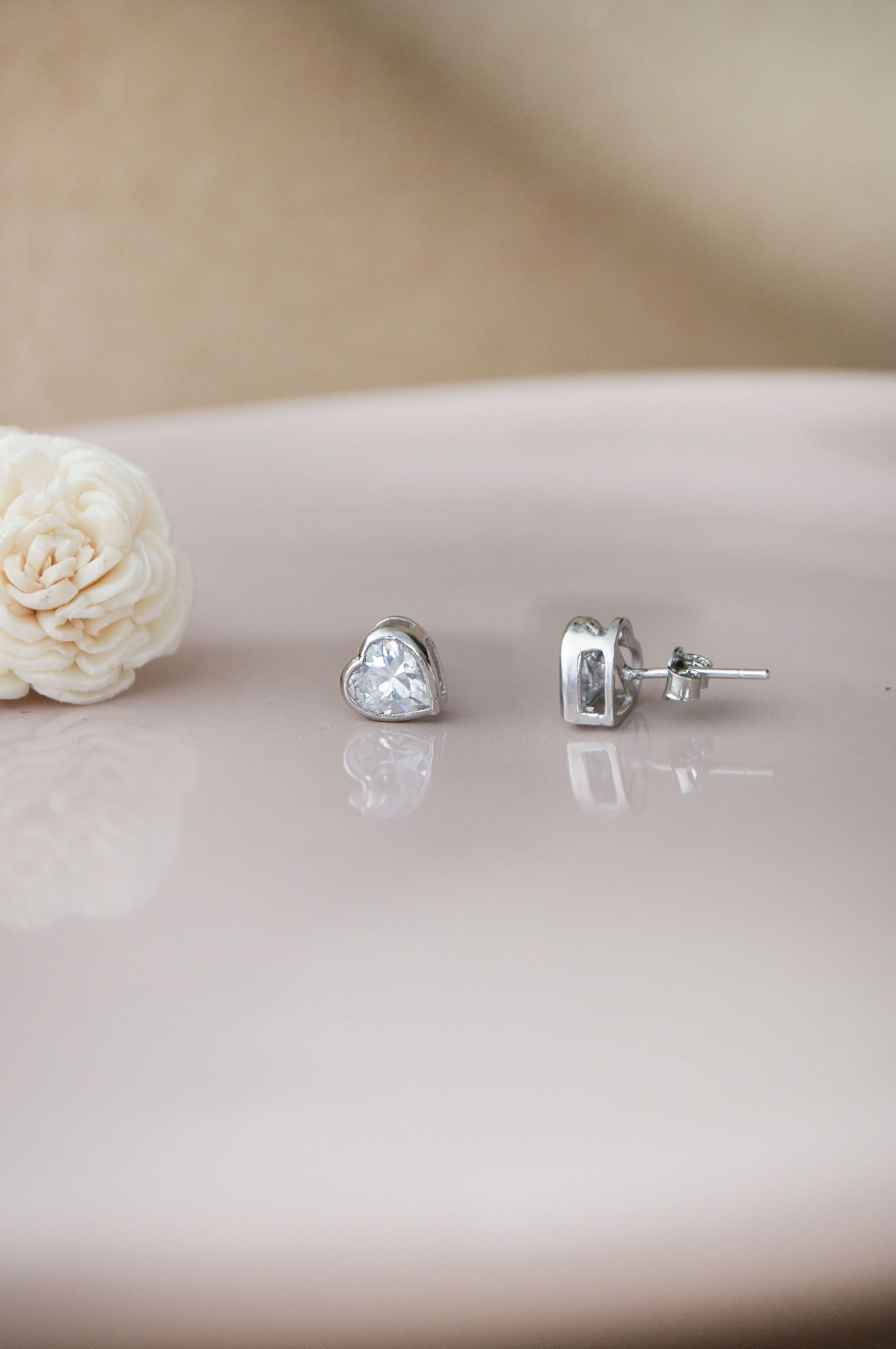 Classic Heart Bezel Solitaire Sterling Silver Stud Earrings