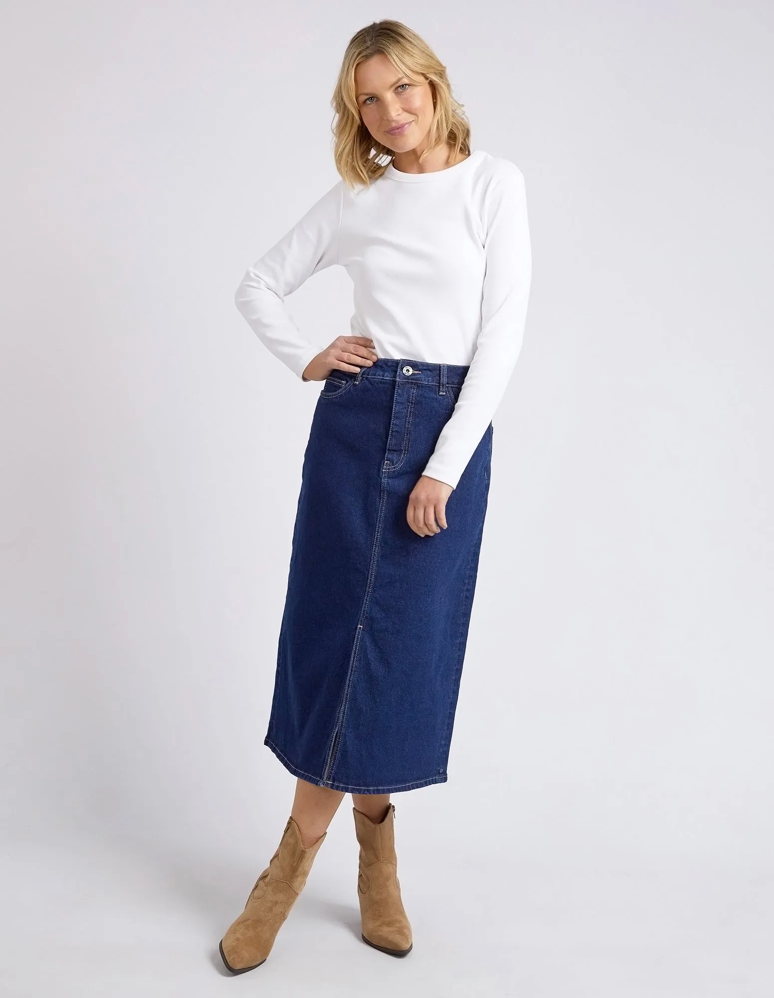 Elm Eloise Denim Midi Skirt - Dark Blue Wash