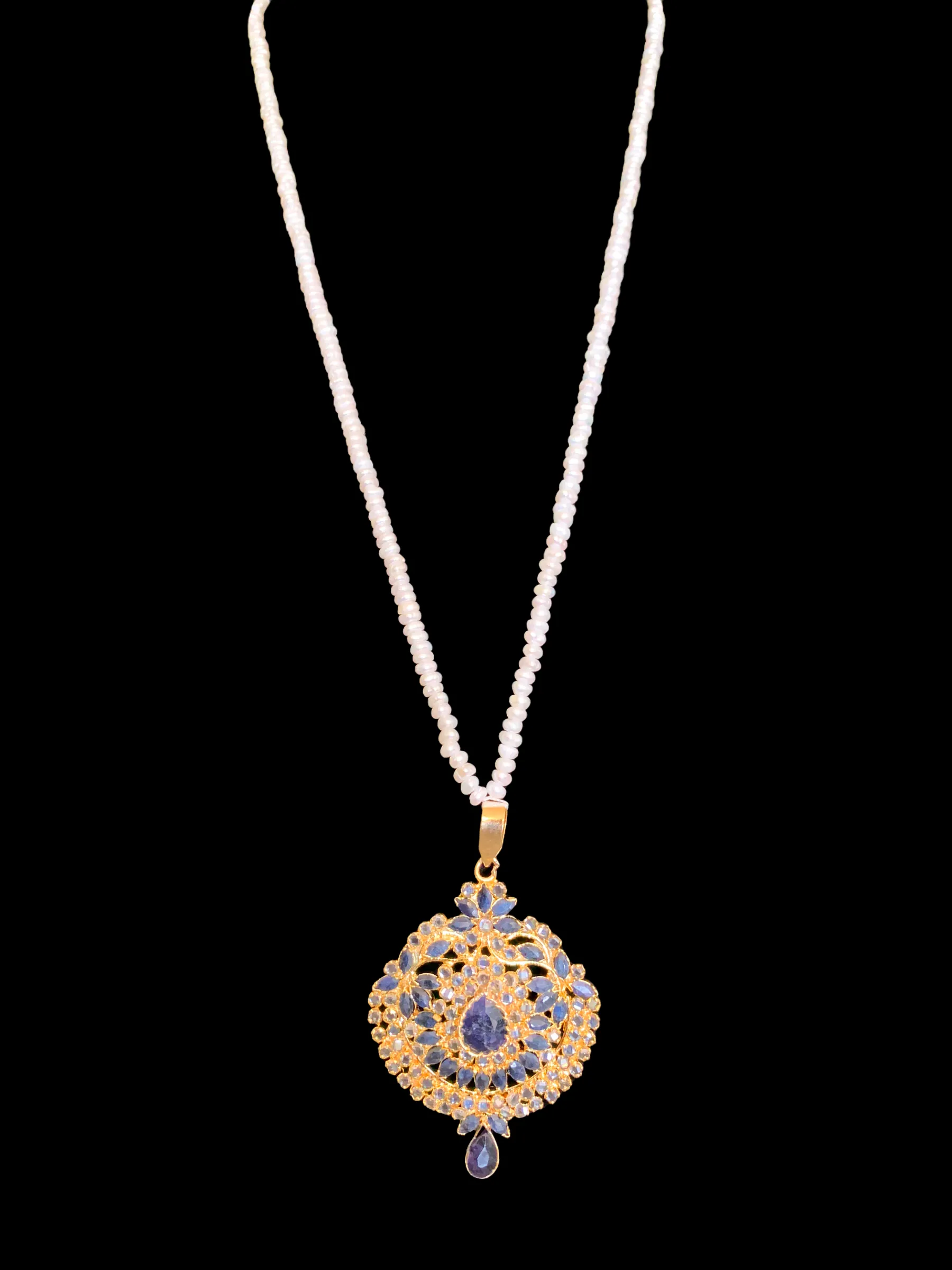 Gold plated sapphire pendant set with fresh water pearls ( READY TO SHIP)