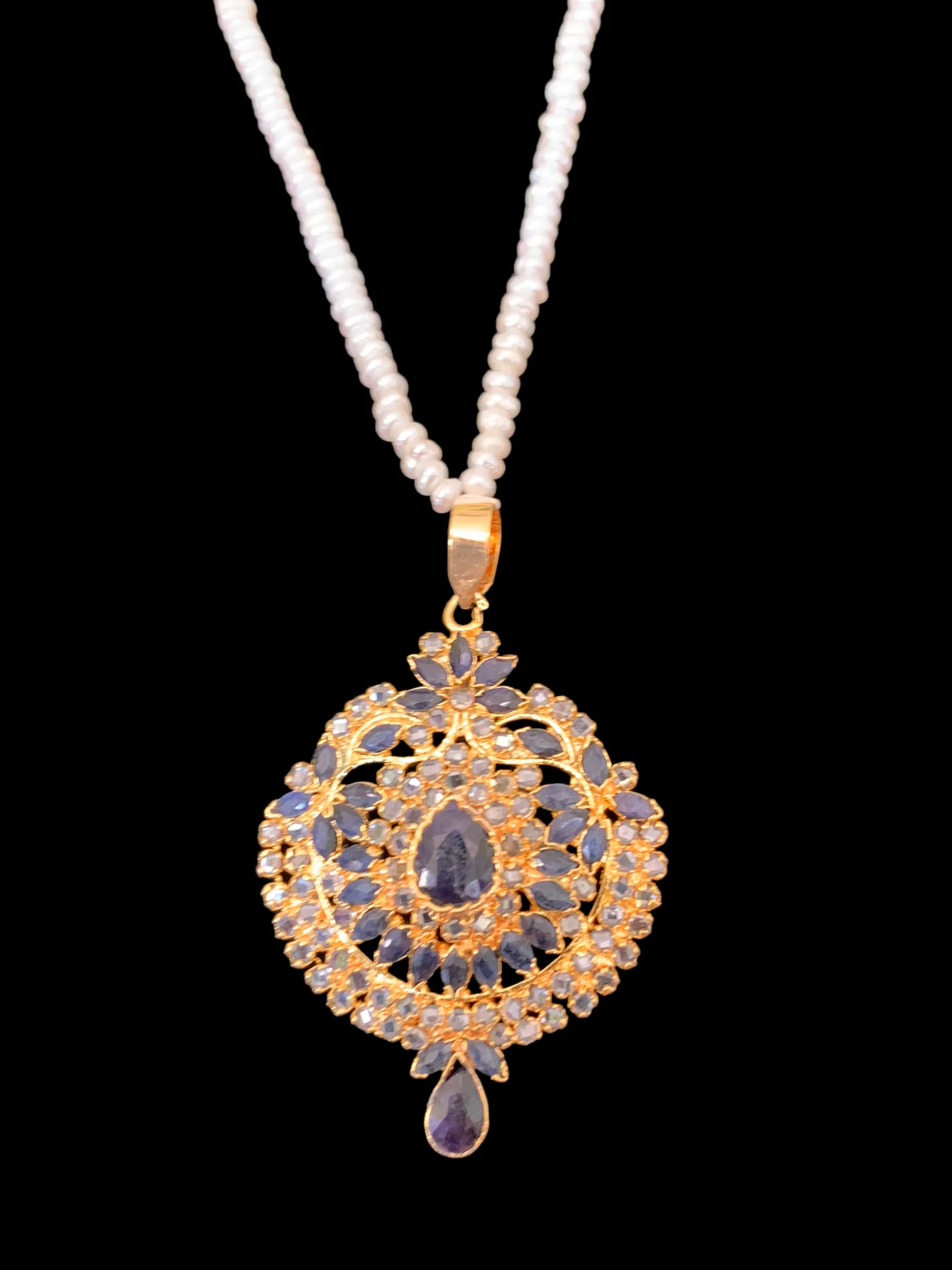 Gold plated sapphire pendant set with fresh water pearls ( READY TO SHIP)