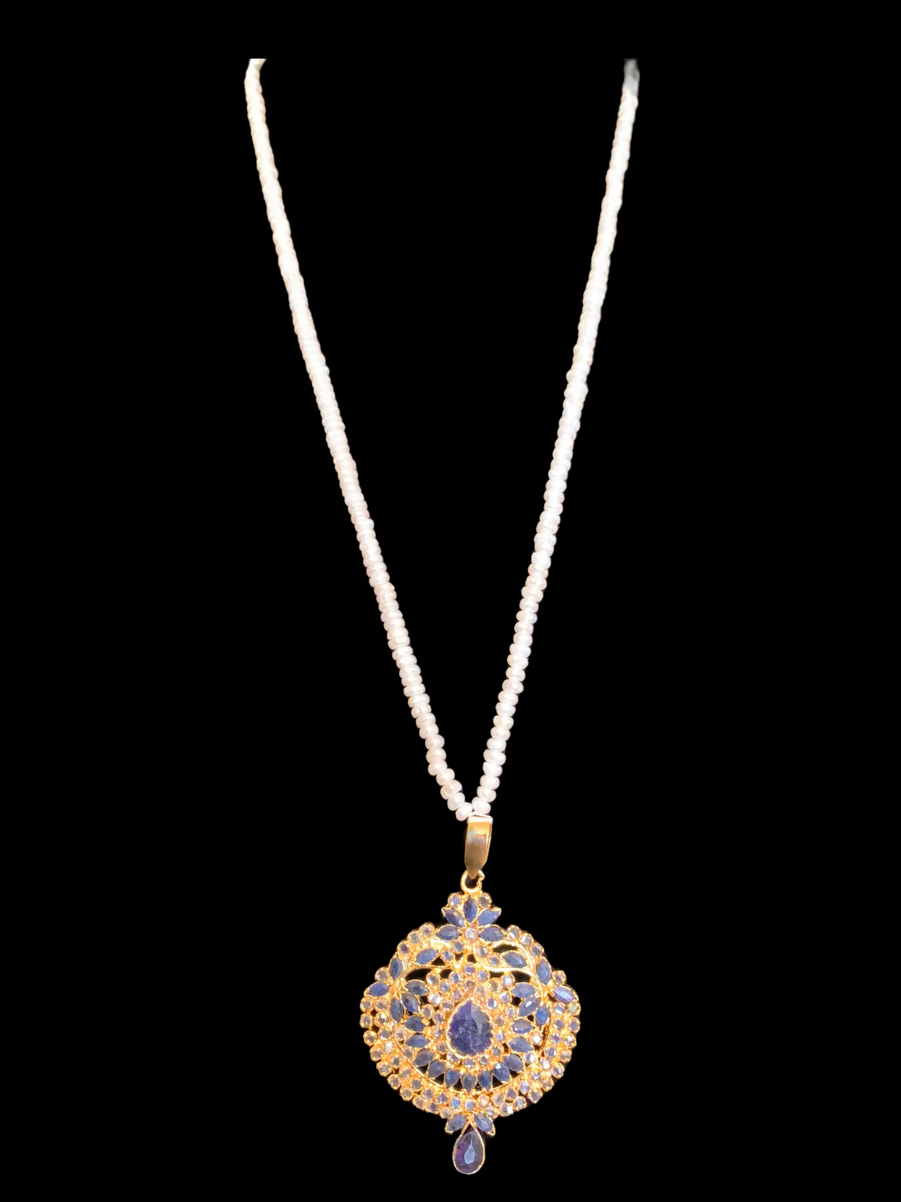 Gold plated sapphire pendant set with fresh water pearls ( READY TO SHIP)