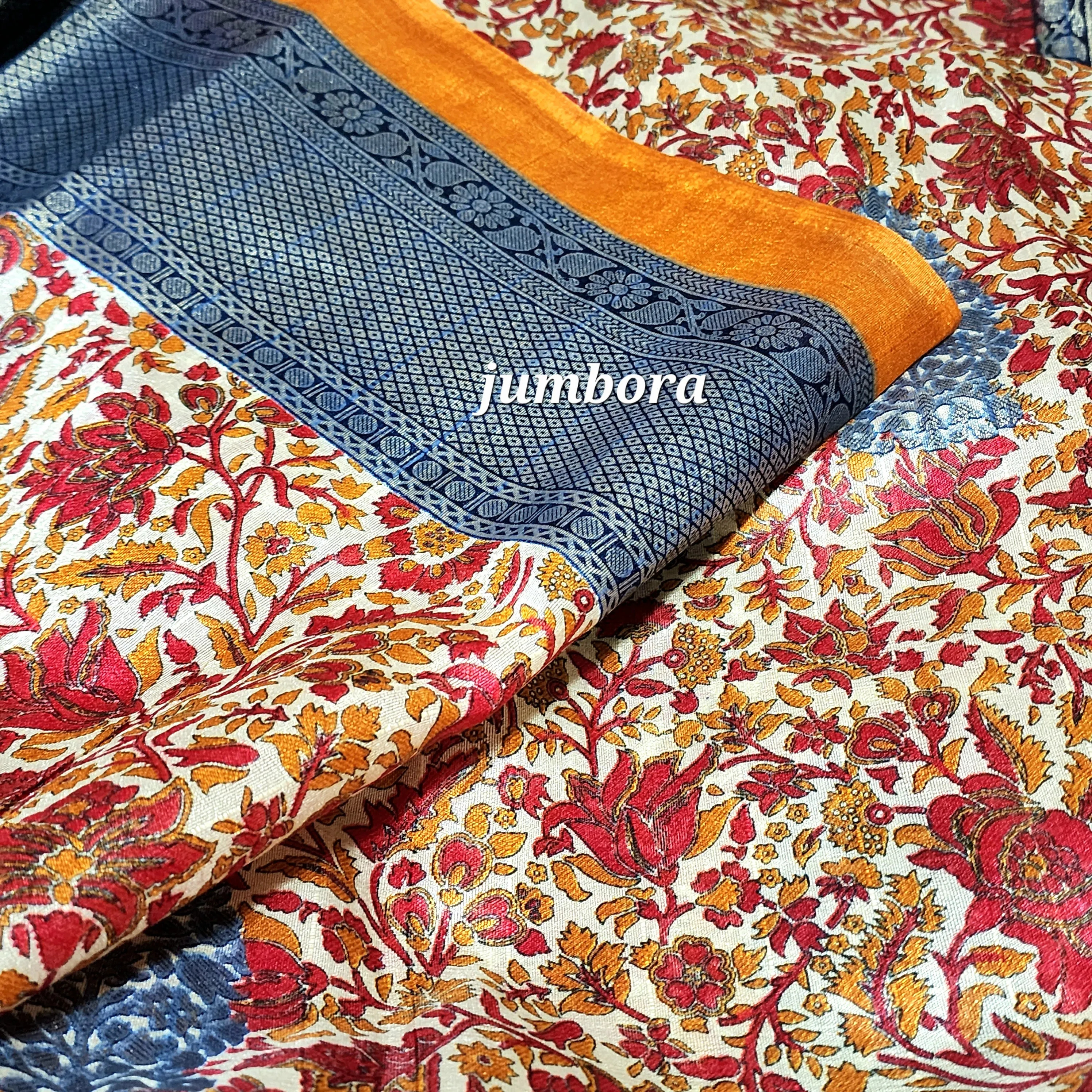 Kalamkari Floral Print Cream & Mustard Jute Silk Saree