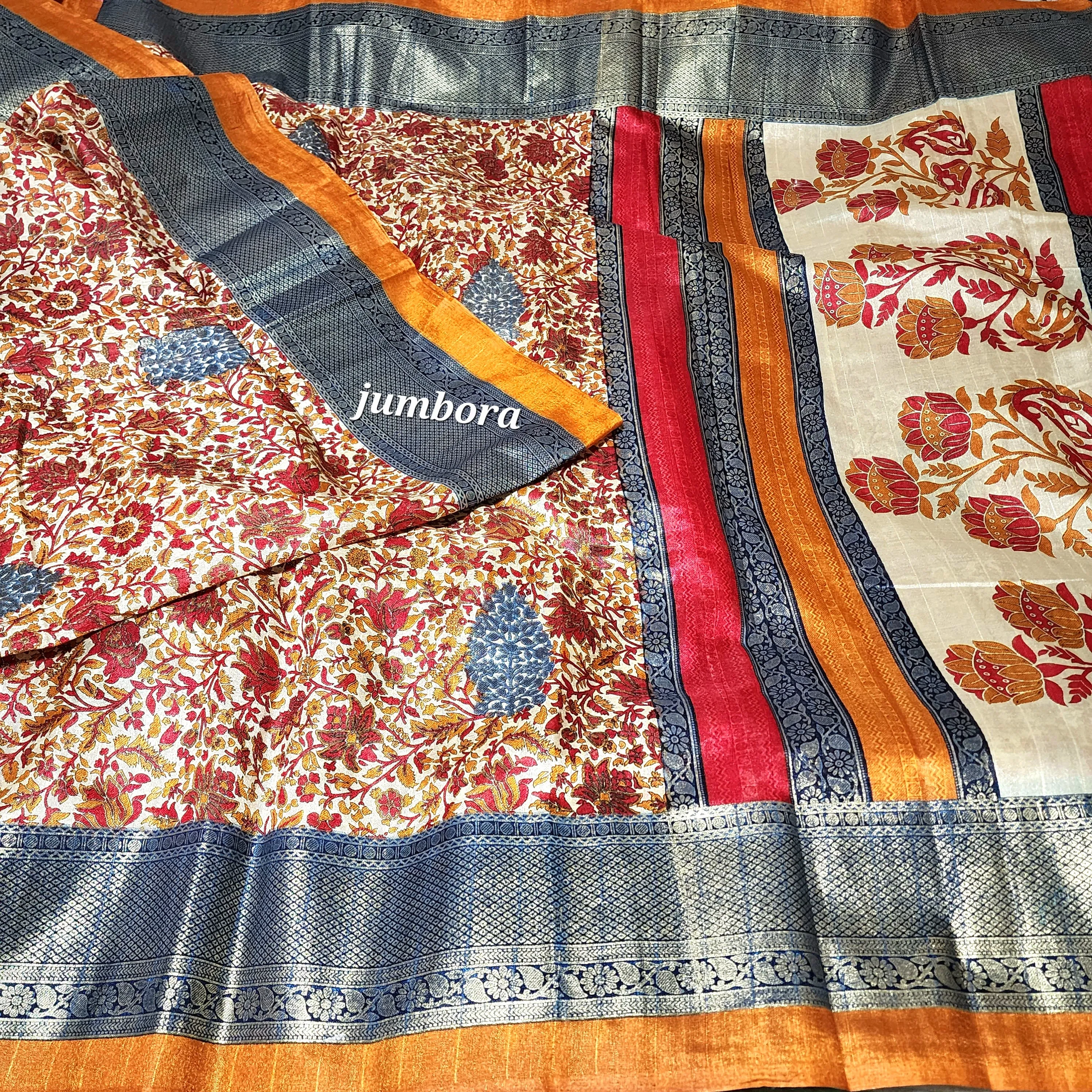 Kalamkari Floral Print Cream & Mustard Jute Silk Saree