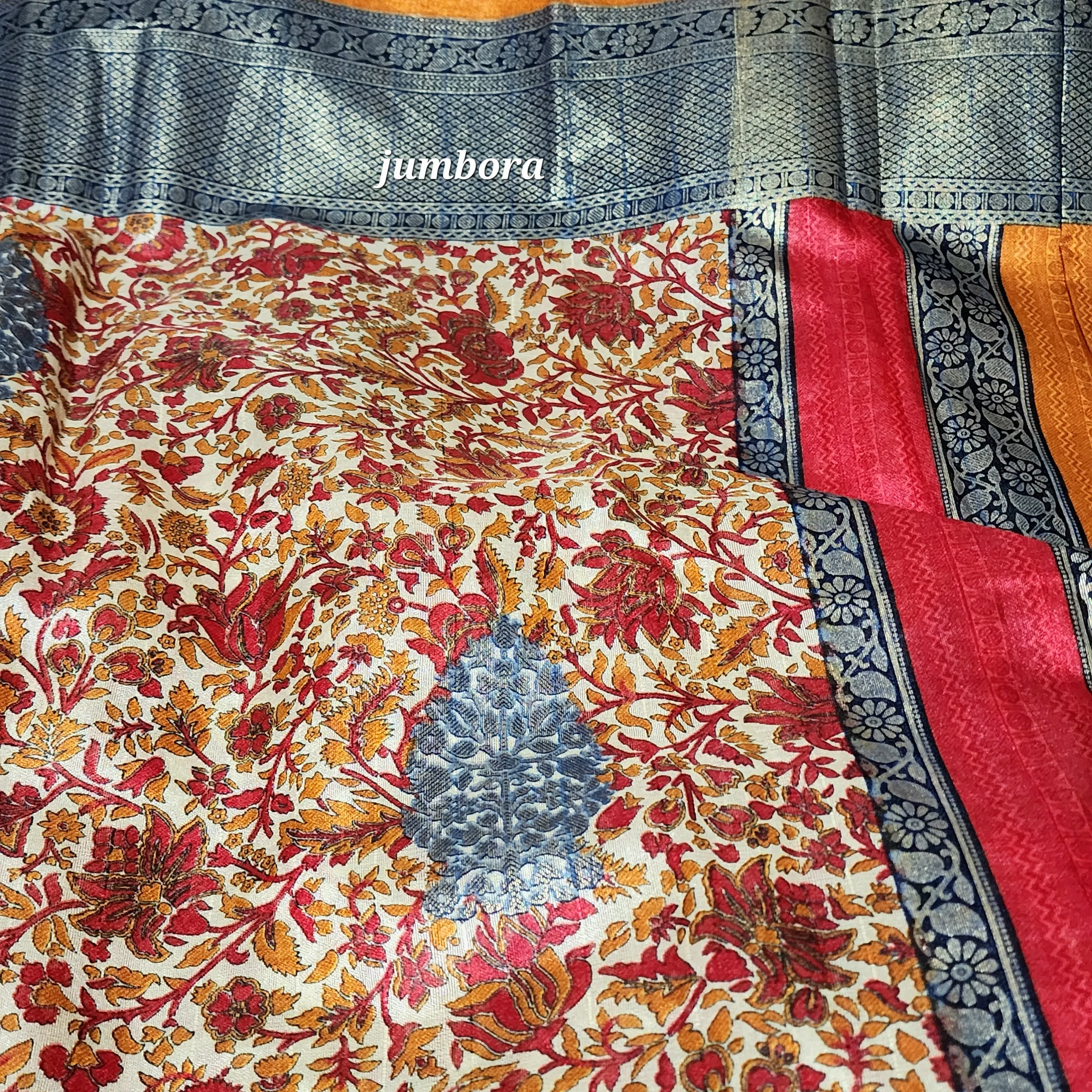 Kalamkari Floral Print Cream & Mustard Jute Silk Saree