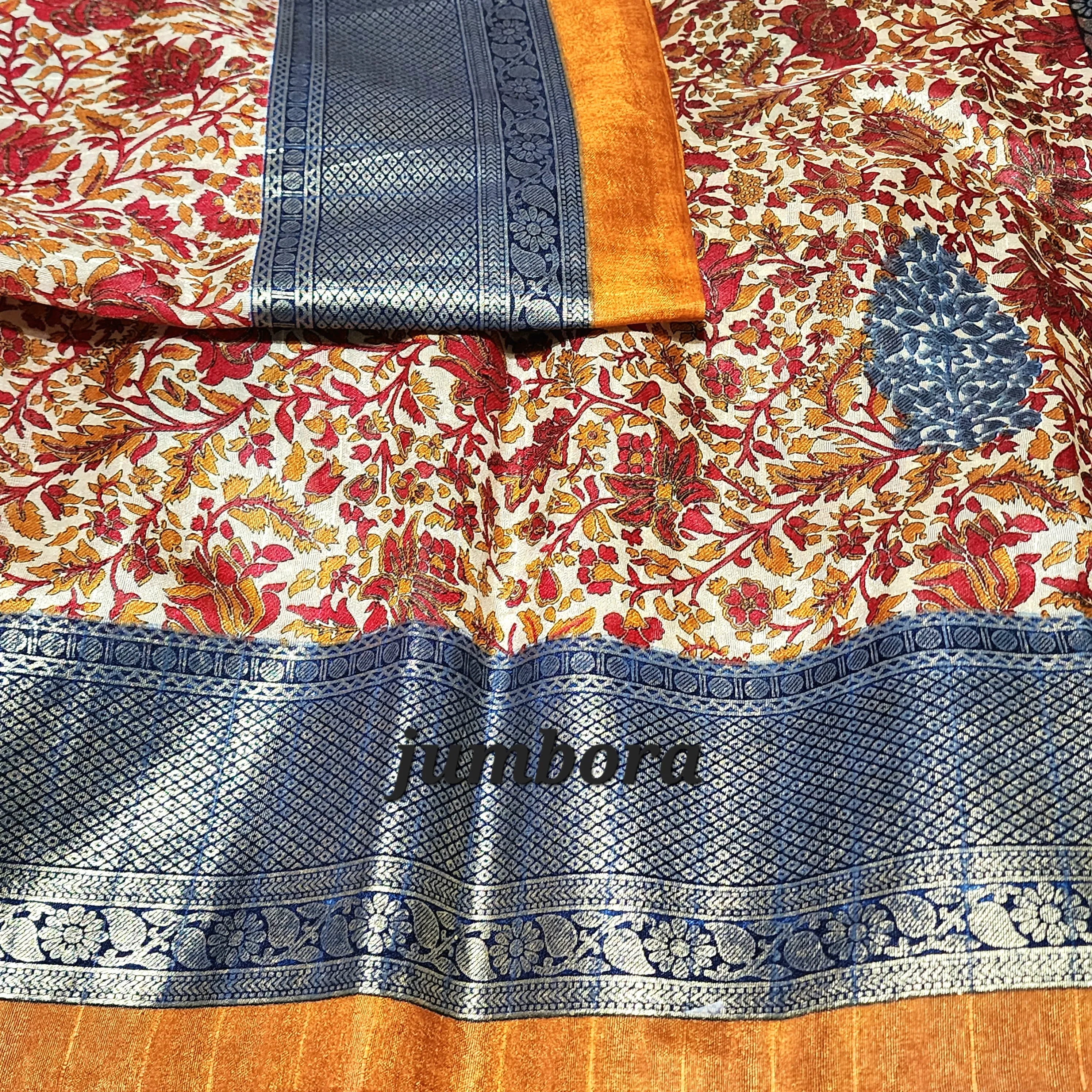 Kalamkari Floral Print Cream & Mustard Jute Silk Saree