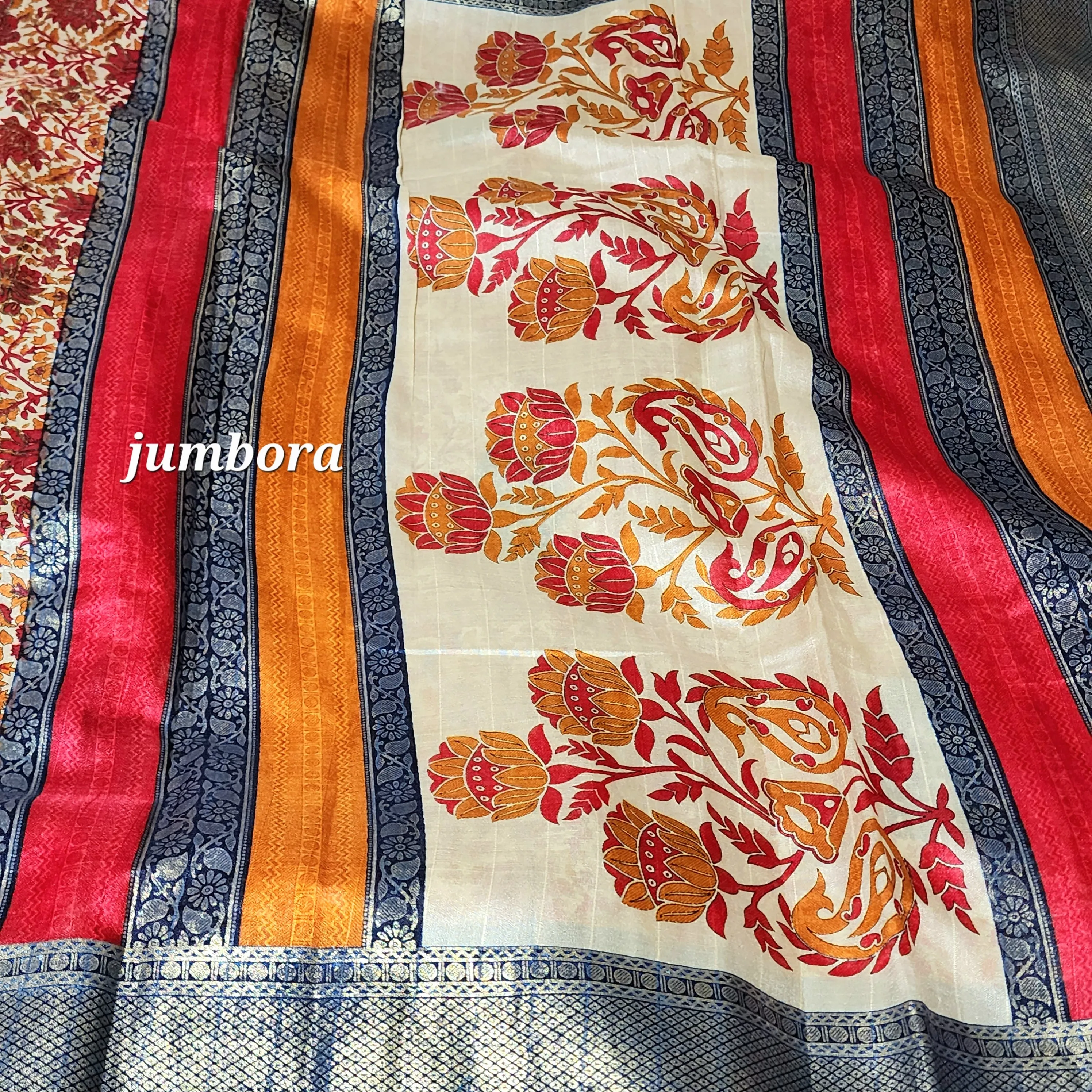 Kalamkari Floral Print Cream & Mustard Jute Silk Saree