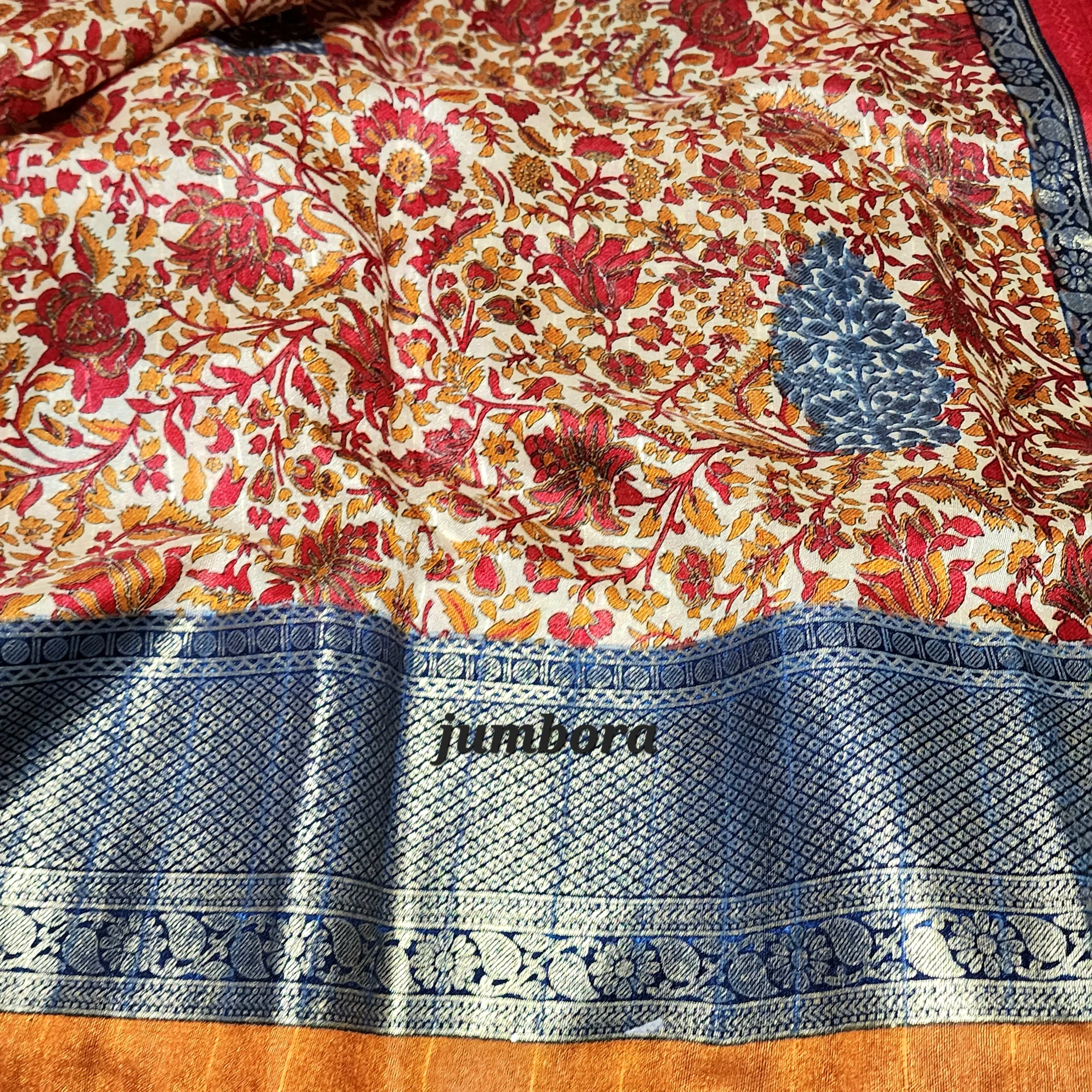 Kalamkari Floral Print Cream & Mustard Jute Silk Saree