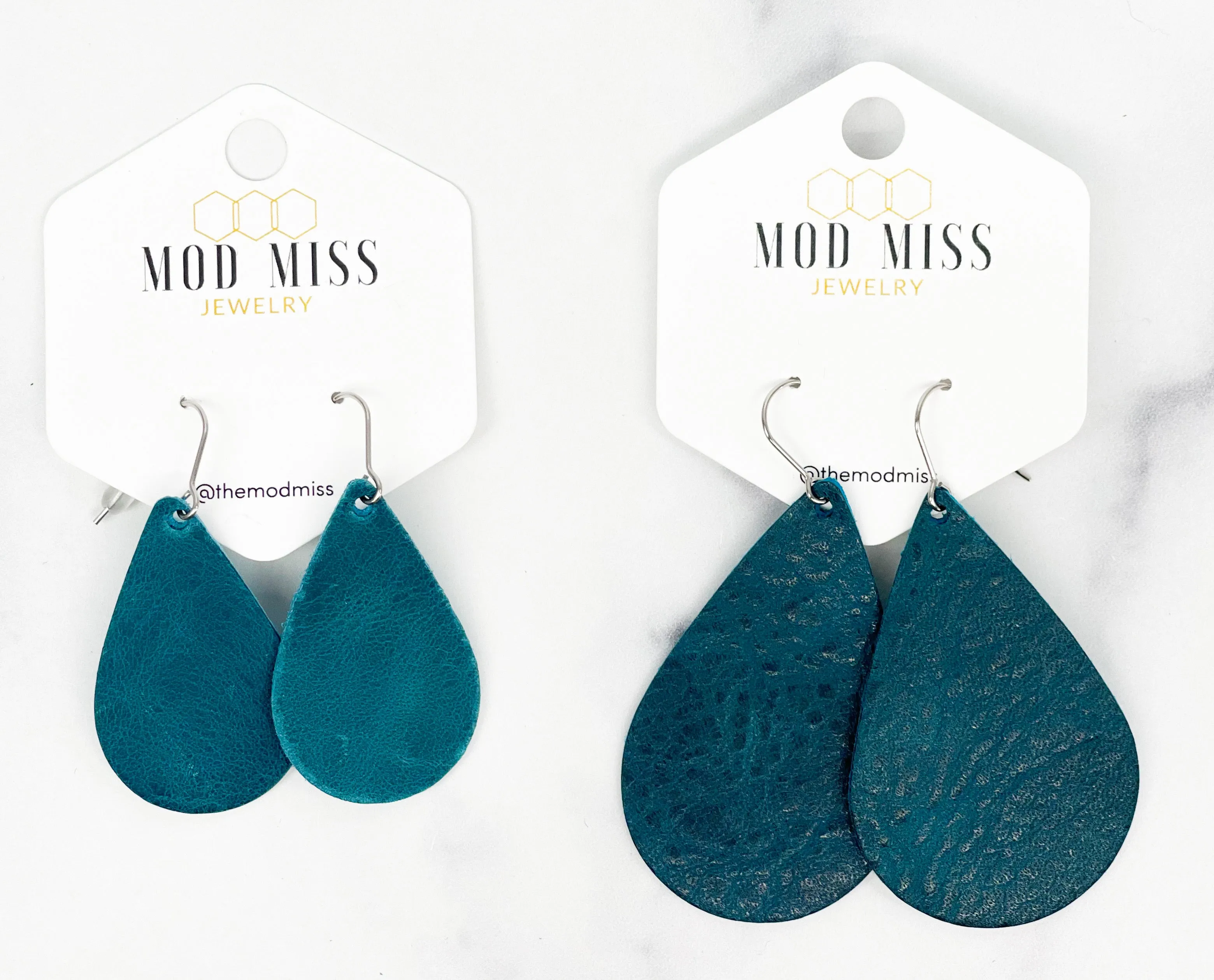 Leather Teardrop Earring Worn Dark Teal Blue