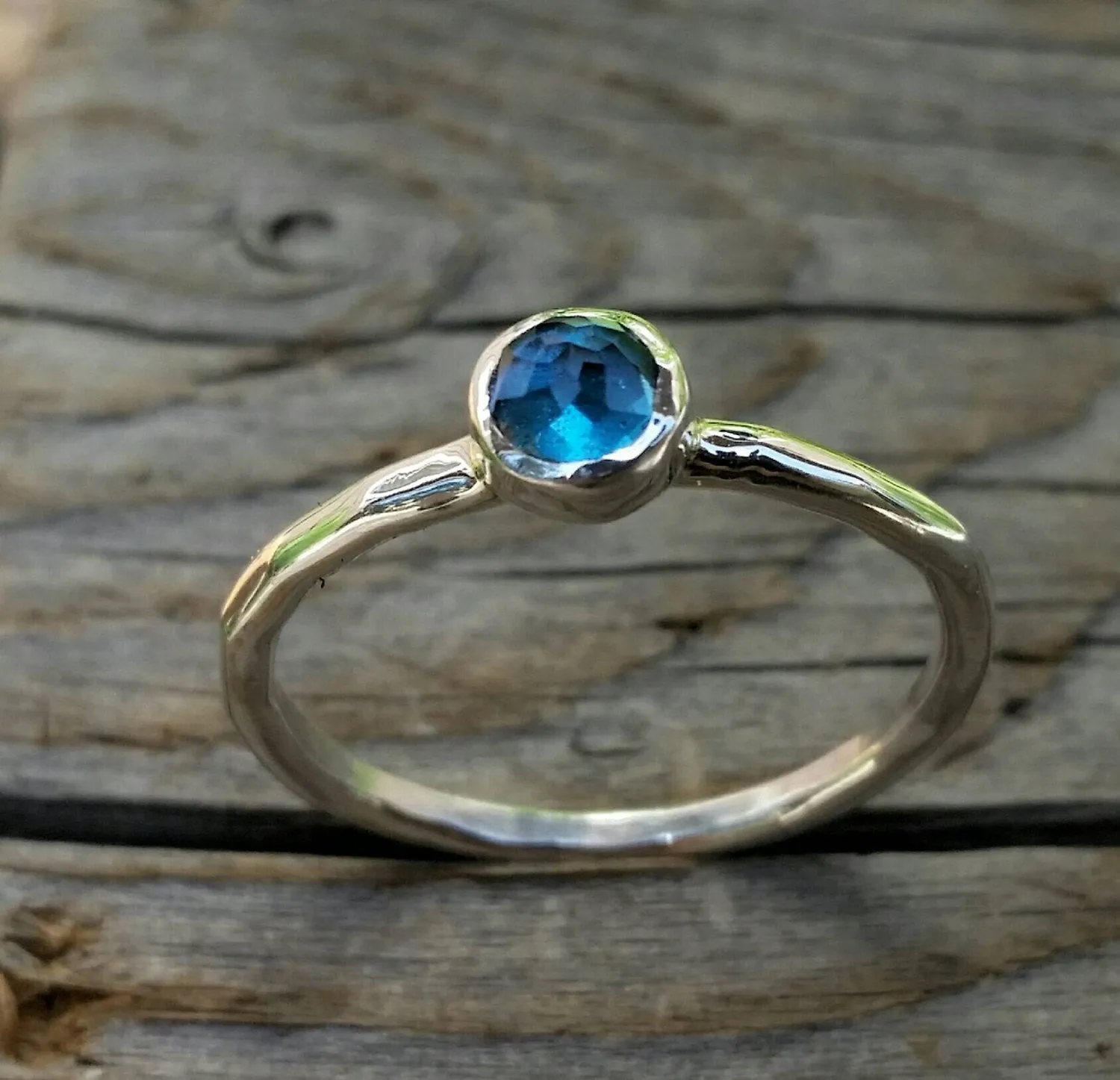 London Blue Topaz Sterling Silver Ring, Blue Topaz White Gold Stacking Ring, December Gemstone, Mother's Ring