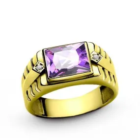 Men Ring 18K Real Yellow Fine Gold Purple Amethyst with 4 Natural Diamond Accent