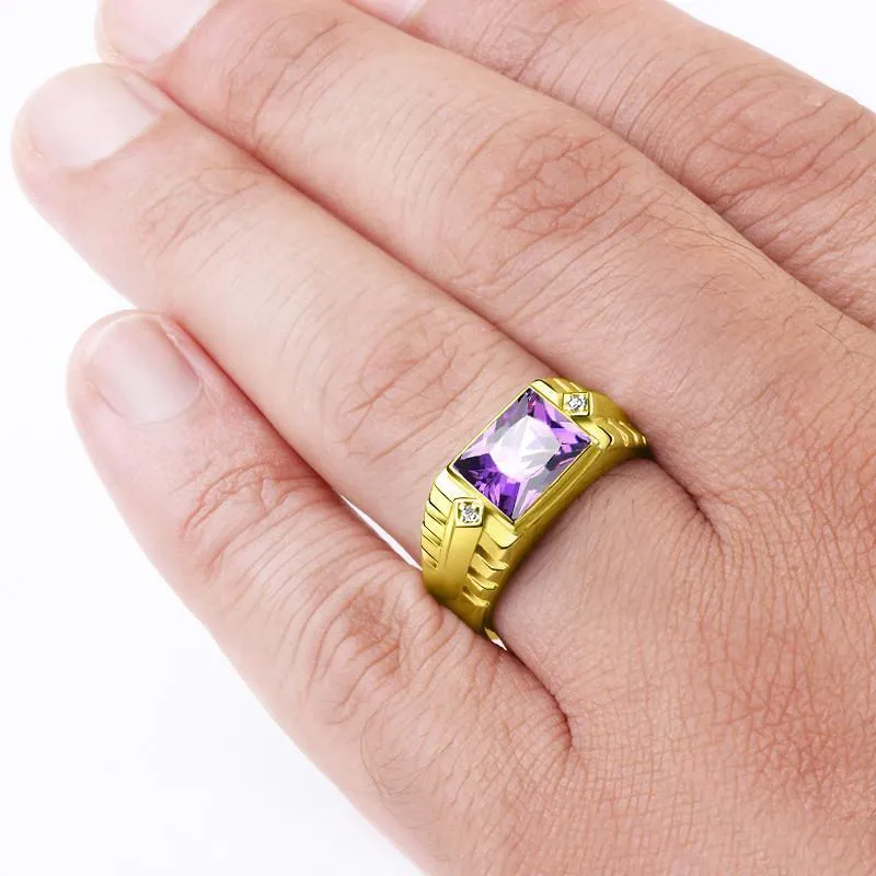 Men Ring 18K Real Yellow Fine Gold Purple Amethyst with 4 Natural Diamond Accent