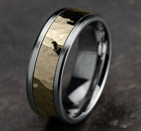 Men's Wedding Band, 8MM Hammered Two Toned