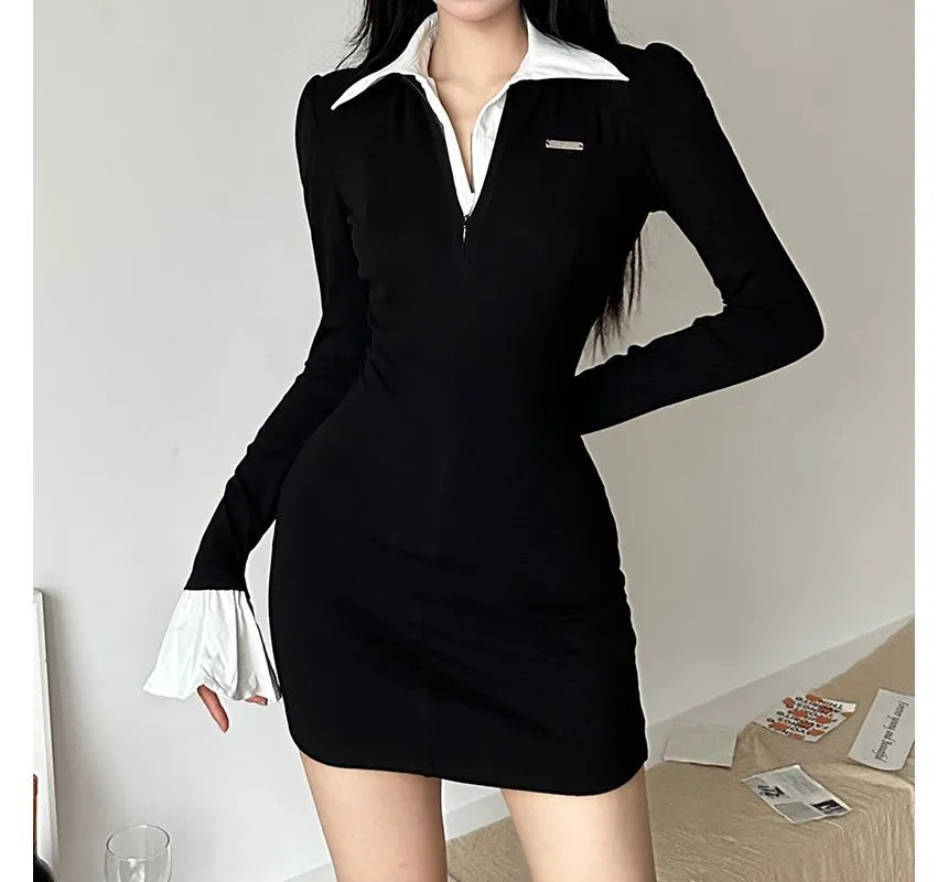 Mock Two-Piece Long-Sleeve Collar Two Tone Mini Sheath Dress kk19