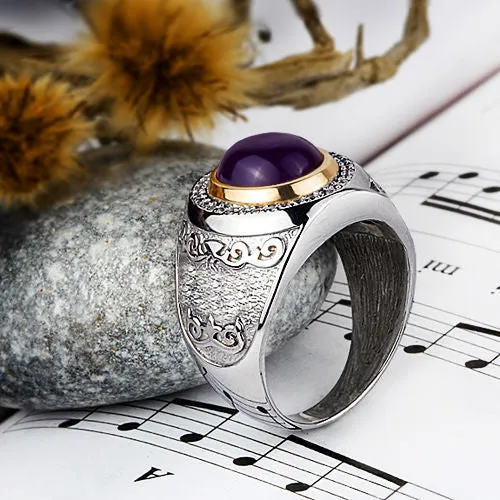 Natural Amethyst Gemstone Big Men's Ring in 925 Sterling Silver