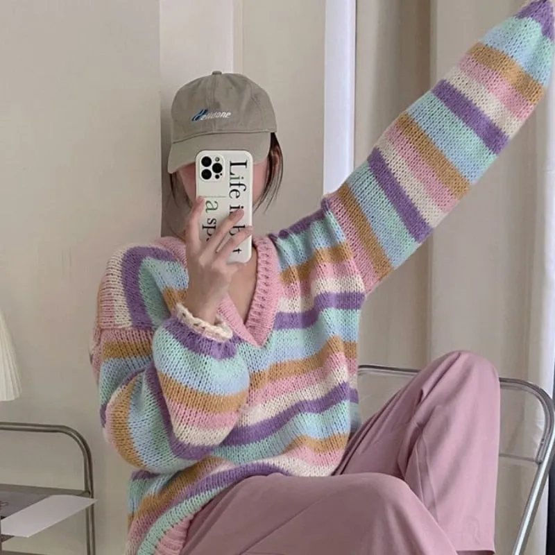 Pastel Knit Sweater With V-Neck And Stripes