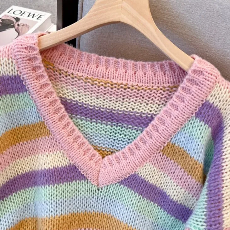 Pastel Knit Sweater With V-Neck And Stripes