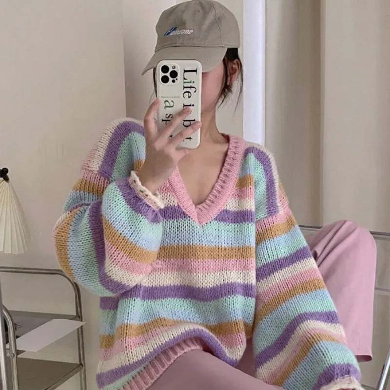 Pastel Knit Sweater With V-Neck And Stripes