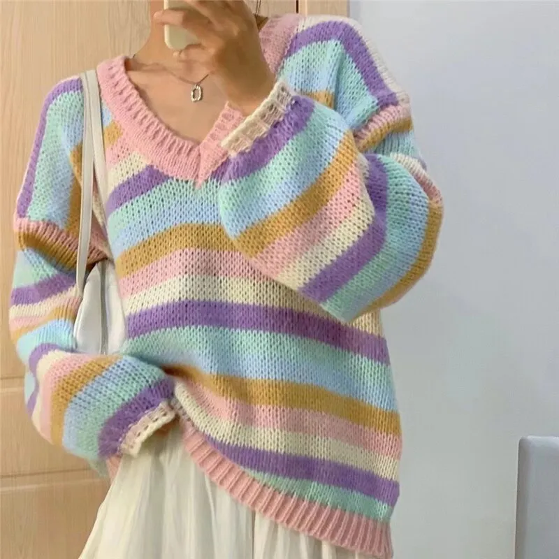 Pastel Knit Sweater With V-Neck And Stripes