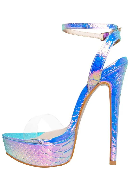 Rainbow Mermaid Snake Print Platform Ankle Buckle Strap High Heels