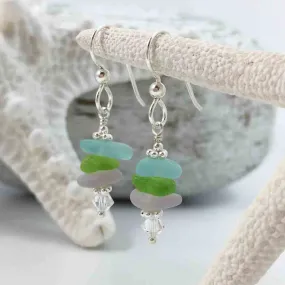 Soft Blue, Lime Green & Sun Purple Petite Sea Glass Sea Stack Earrings with Swarovski Crystals | #3006