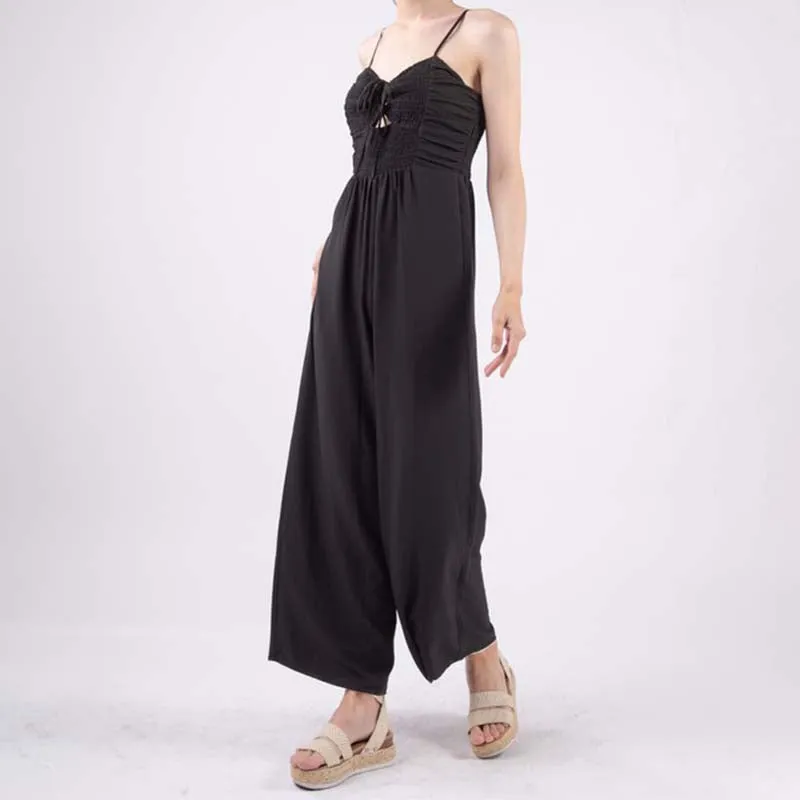 Tie Neck Smocked Bodice Keyhole Jumpsuit