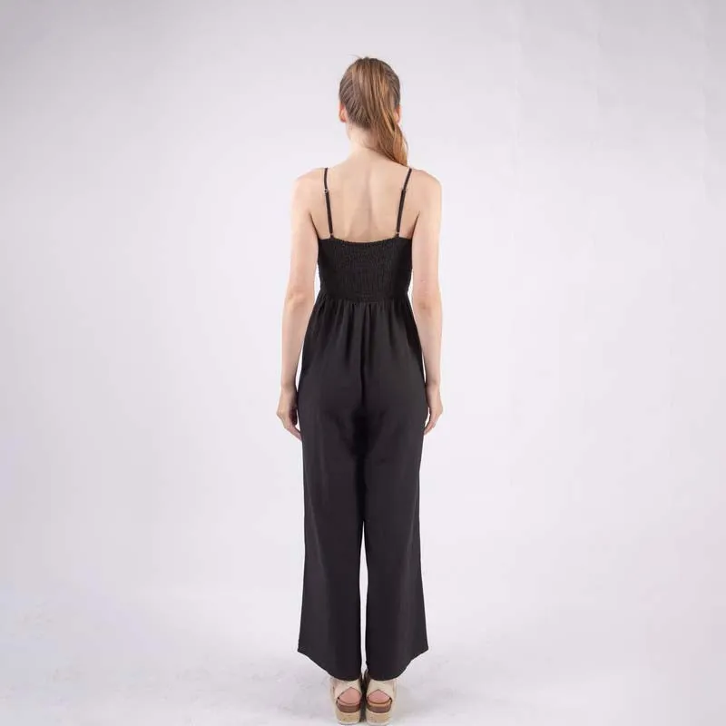 Tie Neck Smocked Bodice Keyhole Jumpsuit