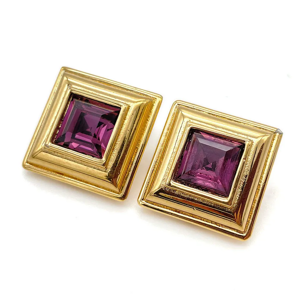 【USA輸入】ヴィンテージ MONET パープル スクエアビジュー イヤリング/Vintage MONET Purple Square Bijou Clip On Earrings