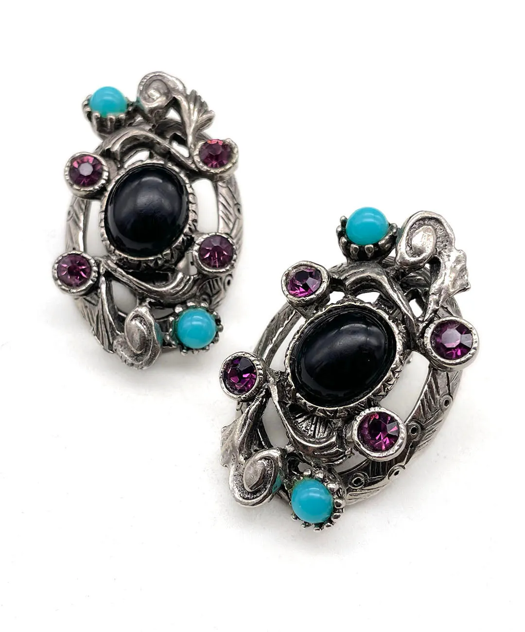 【USA輸入】ヴィンテージ SELRO ブラック パープル ターコイズ  ビジュー イヤリング/Vintage SELRO Black Purple Turquoise Bijou Clip On Earrings