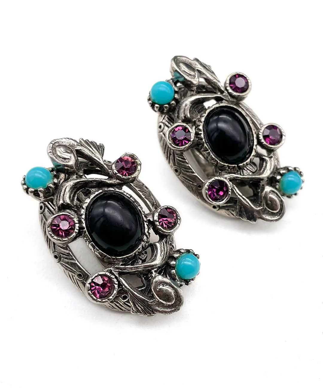 【USA輸入】ヴィンテージ SELRO ブラック パープル ターコイズ  ビジュー イヤリング/Vintage SELRO Black Purple Turquoise Bijou Clip On Earrings