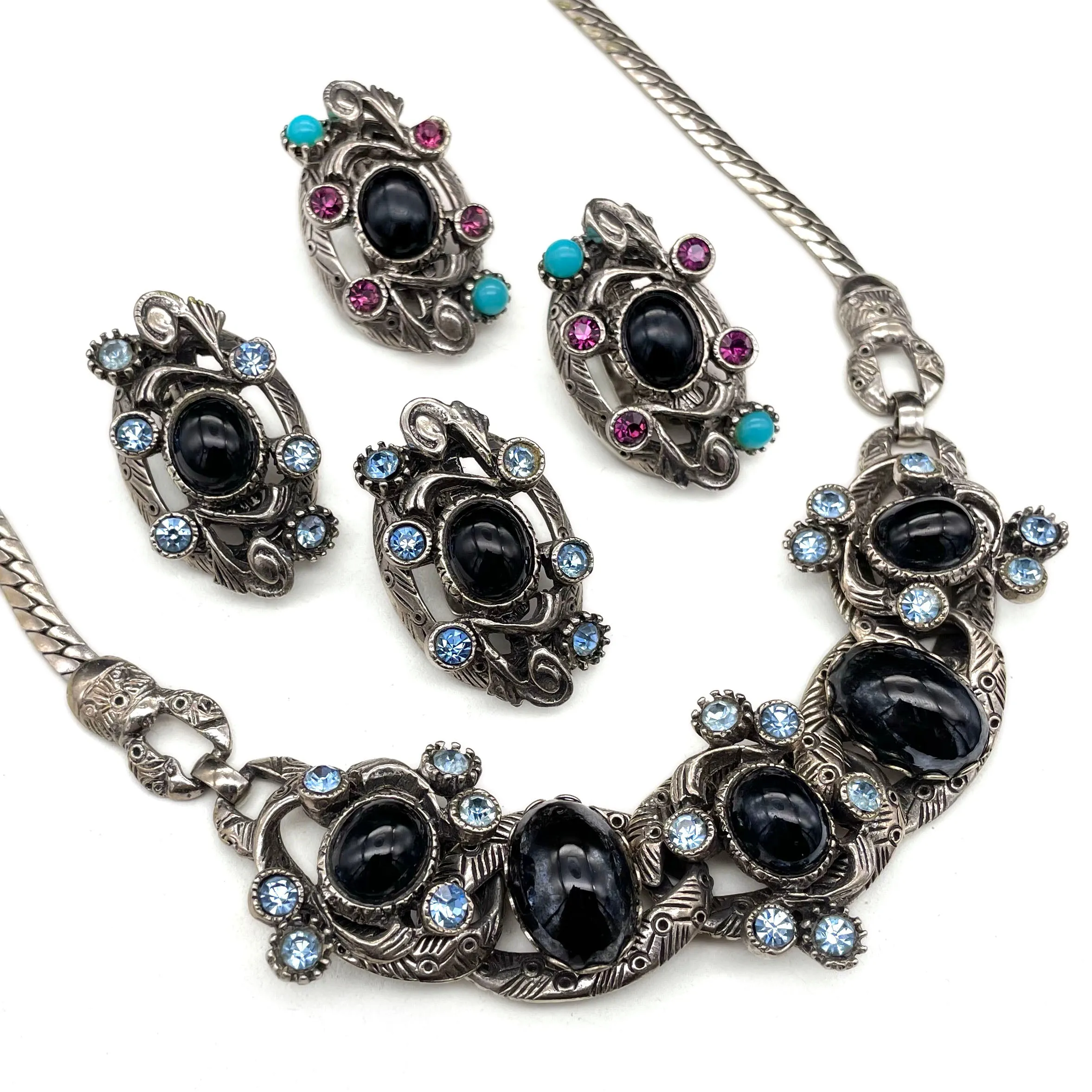 【USA輸入】ヴィンテージ SELRO ブラック パープル ターコイズ  ビジュー イヤリング/Vintage SELRO Black Purple Turquoise Bijou Clip On Earrings