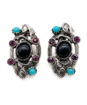 【USA輸入】ヴィンテージ SELRO ブラック パープル ターコイズ  ビジュー イヤリング/Vintage SELRO Black Purple Turquoise Bijou Clip On Earrings